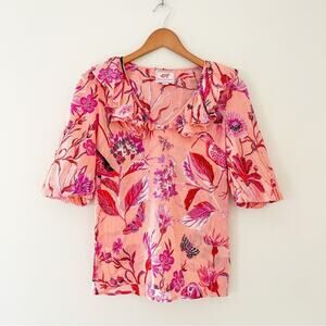 Banjanan Pink Crepe Ruffle Neck Balloon Sleeve Floral Bird Print Blouse, Size XS
